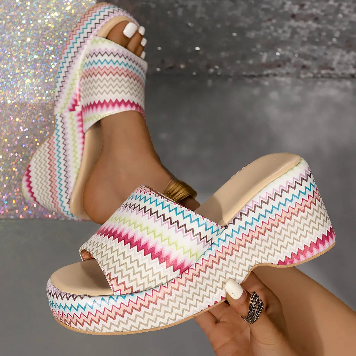 Women's wave print wedge sandals with thick bottom and fish mouth toe in beige blue or pink