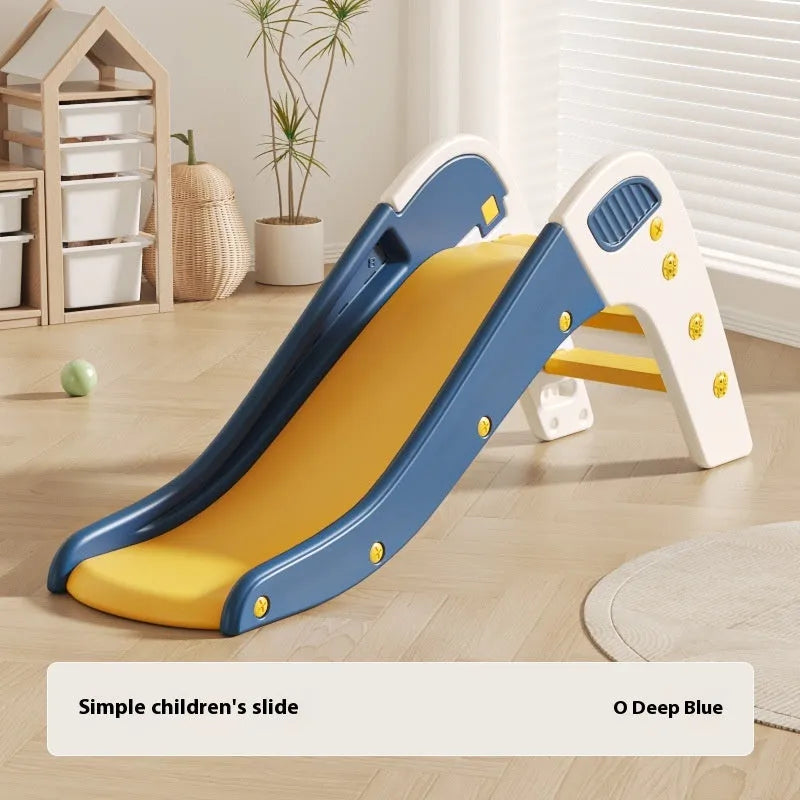 Small plastic baby slide in blue, yellow, brown, or grey for indoor play.