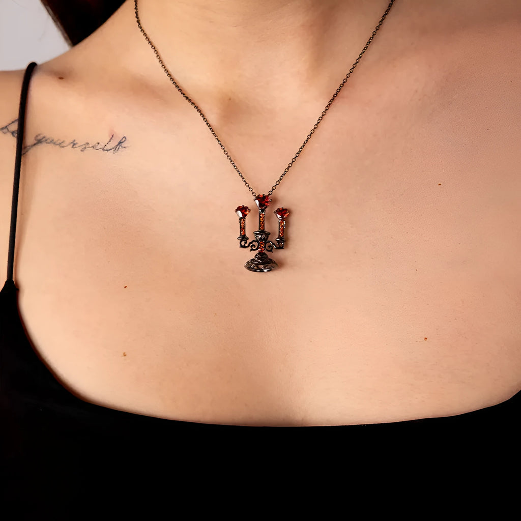 Women's gothic necklace with hollow candlestick pendant on cross chain, zinc alloy with diamond finish