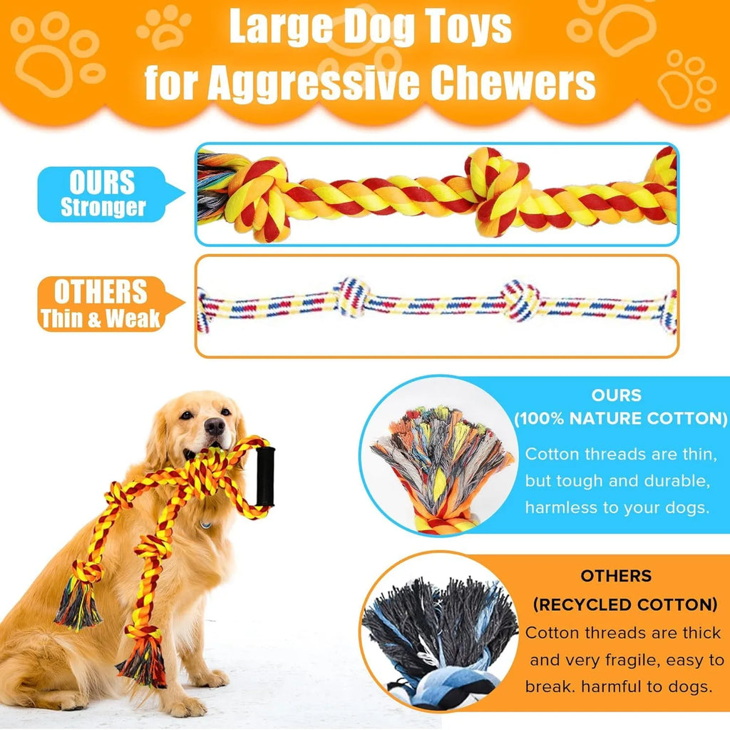 Blue and yellow cotton dog rope toy with non-slip handles for large breed aggressive chewers
