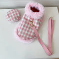 Female pink cat costume set with cape, beret, and hand holding rope for events