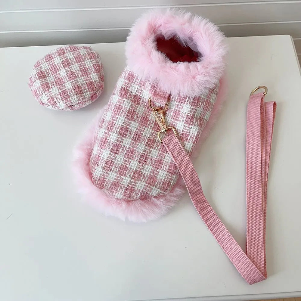 Female pink cat costume set with cape, beret, and hand holding rope for events
