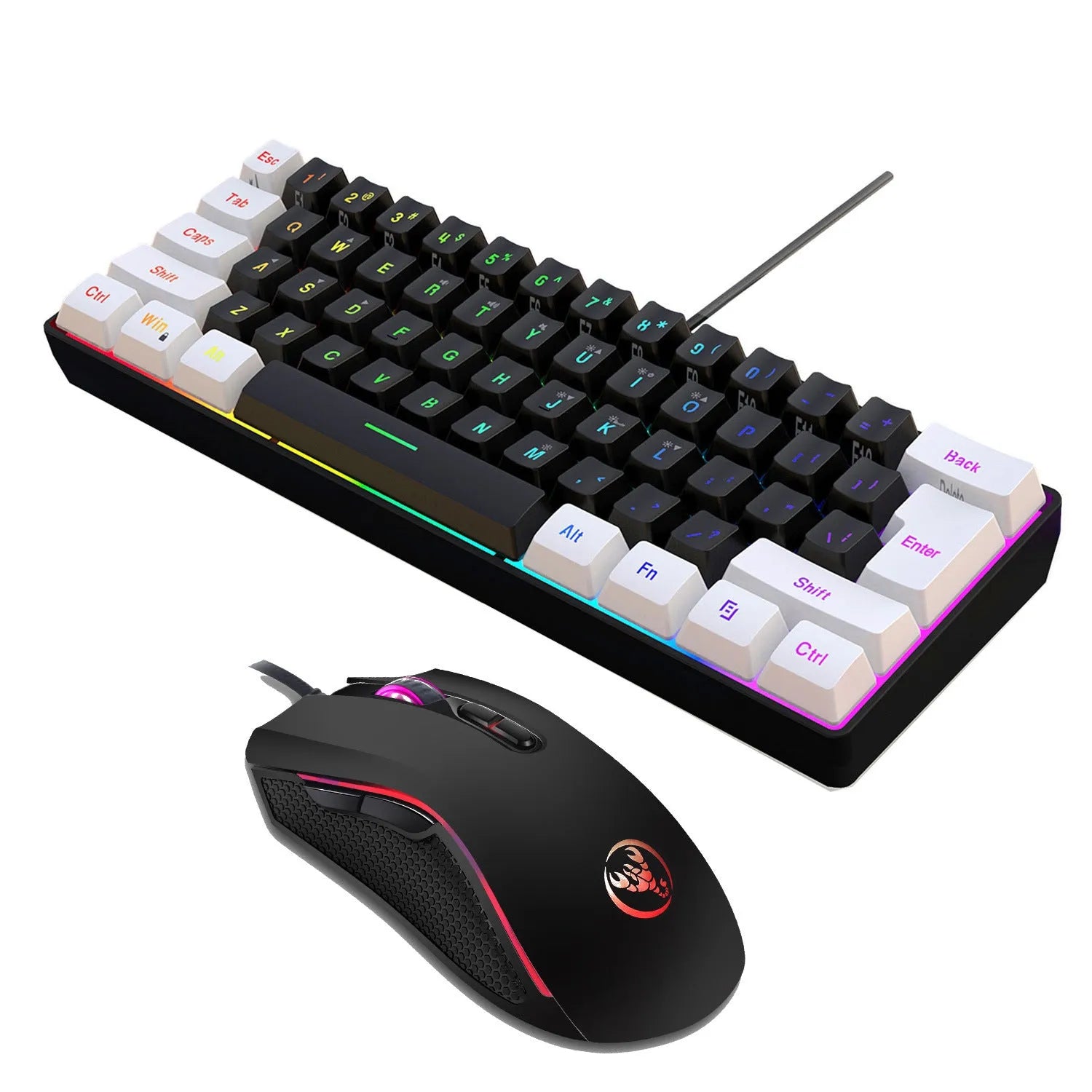 V700WB white and black keyboard and mouse suit with colour backlighting on a desk.