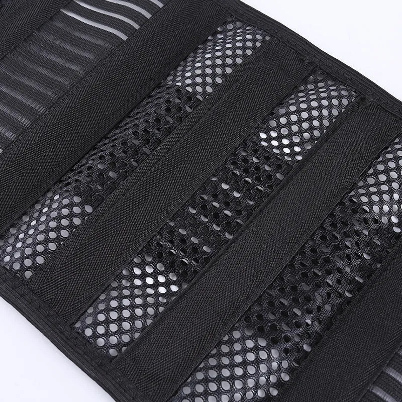 Black breathable sports waist support with internal steel plate for lumbar protection, shown laid flat.