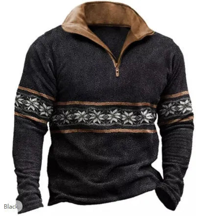 Man wearing a loose-fit long sleeve retro print t-shirt with striped and zipper decorations.