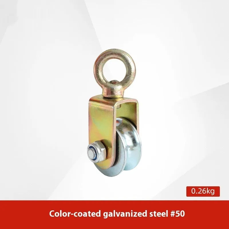 Red forged steel lifting pulley with a safety latch on the hook, for industrial wire rope use.