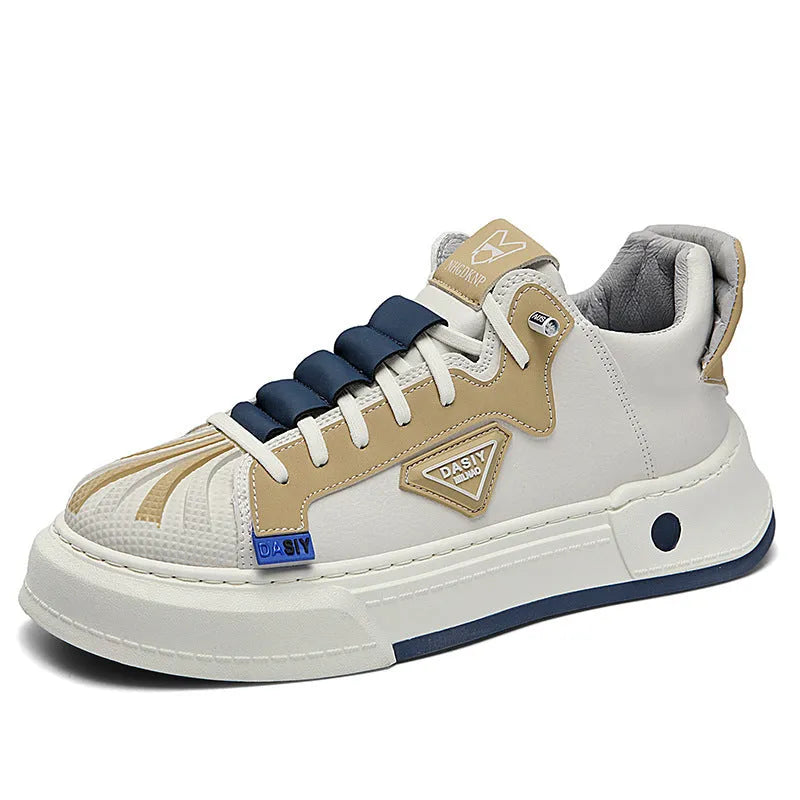 Men's beige low-top casual sneakers with elastic band and leather stitch details on microfiber upper.