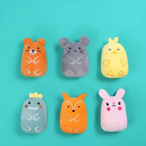 Small brown plush cat toy with a bite-shaped design for chewing and interactive play.