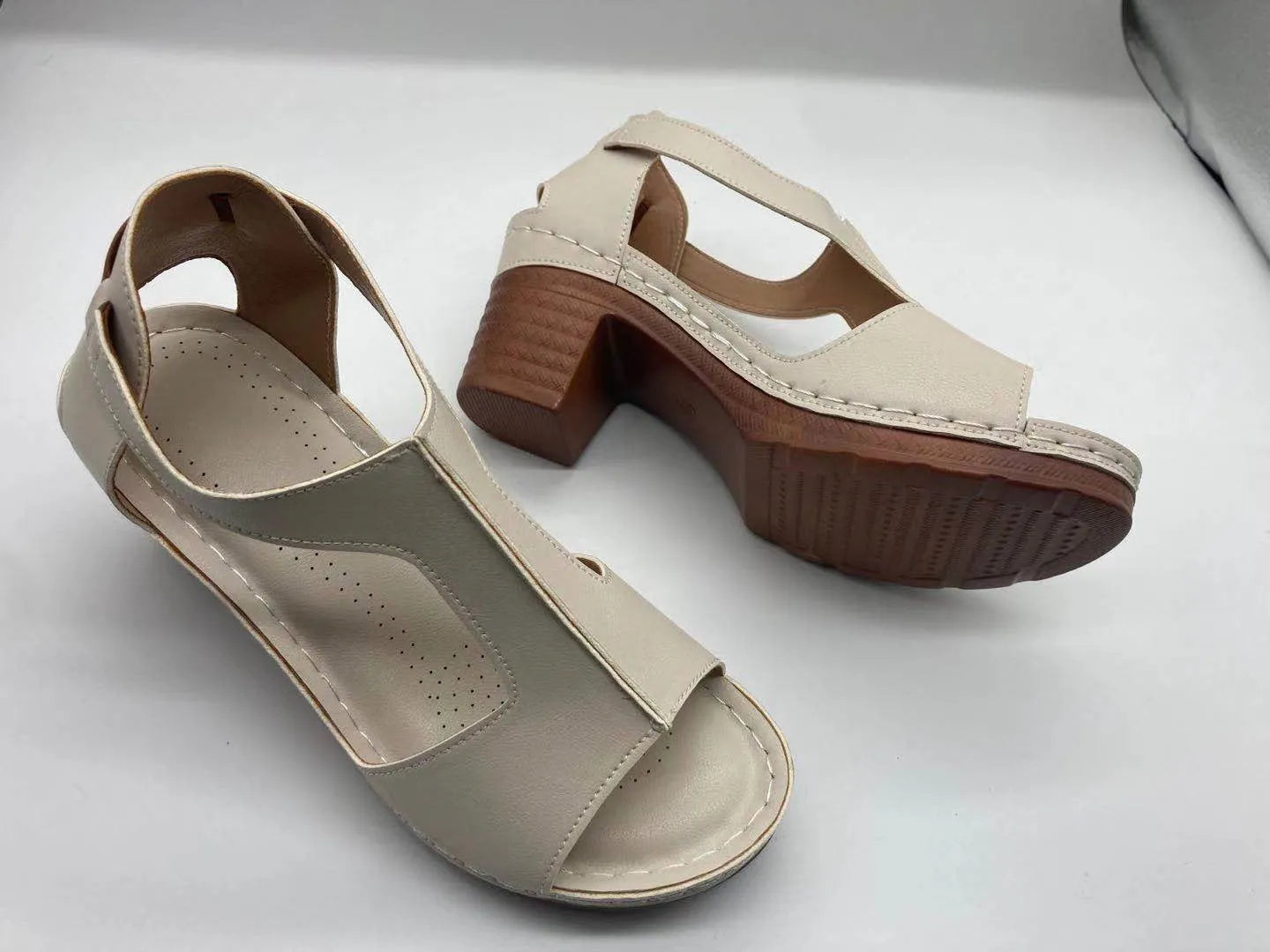 Women's open toe wedge sandals with Roman buckle strap in synthetic PU material