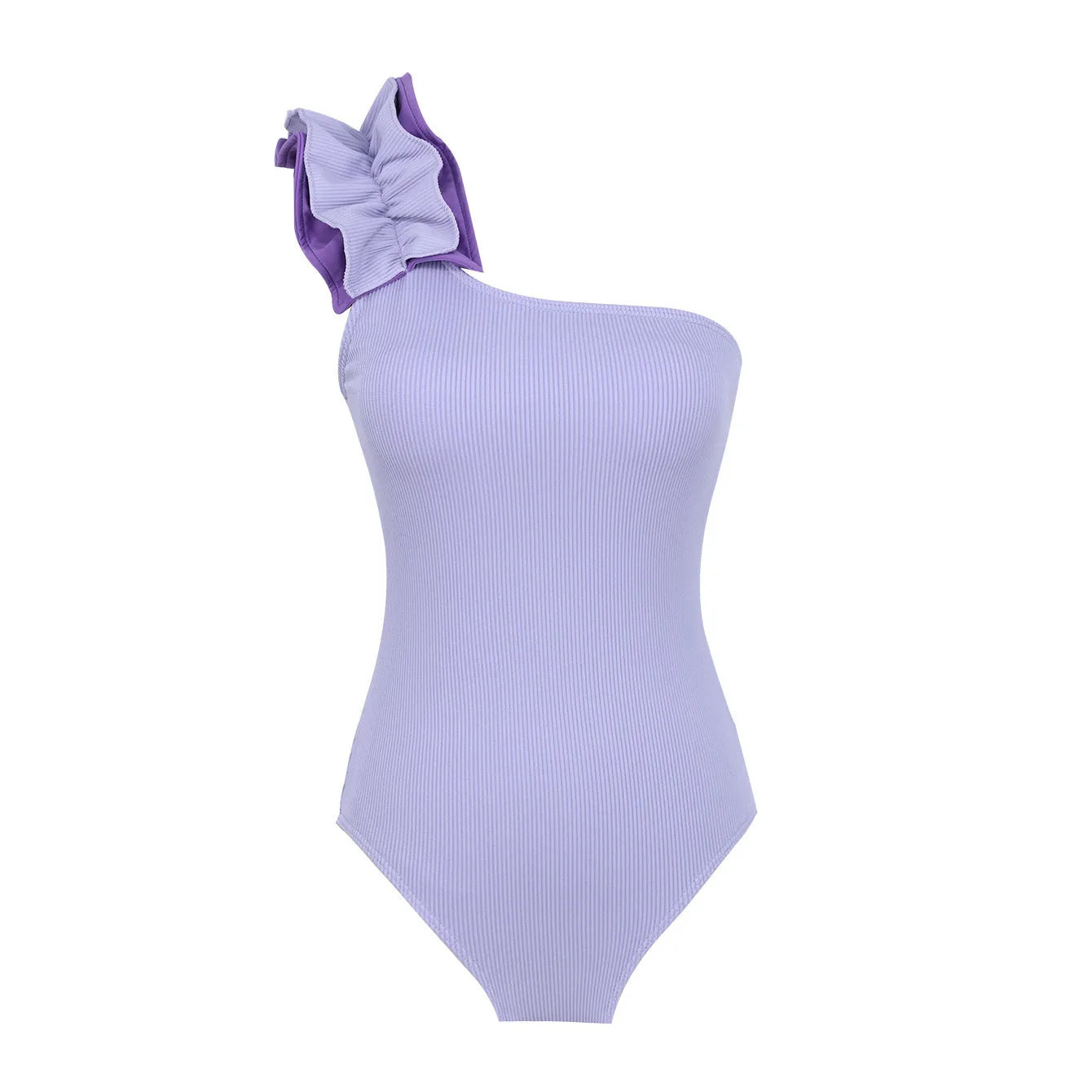 Women's single-shoulder high-waist one-piece swimsuit in solid colours