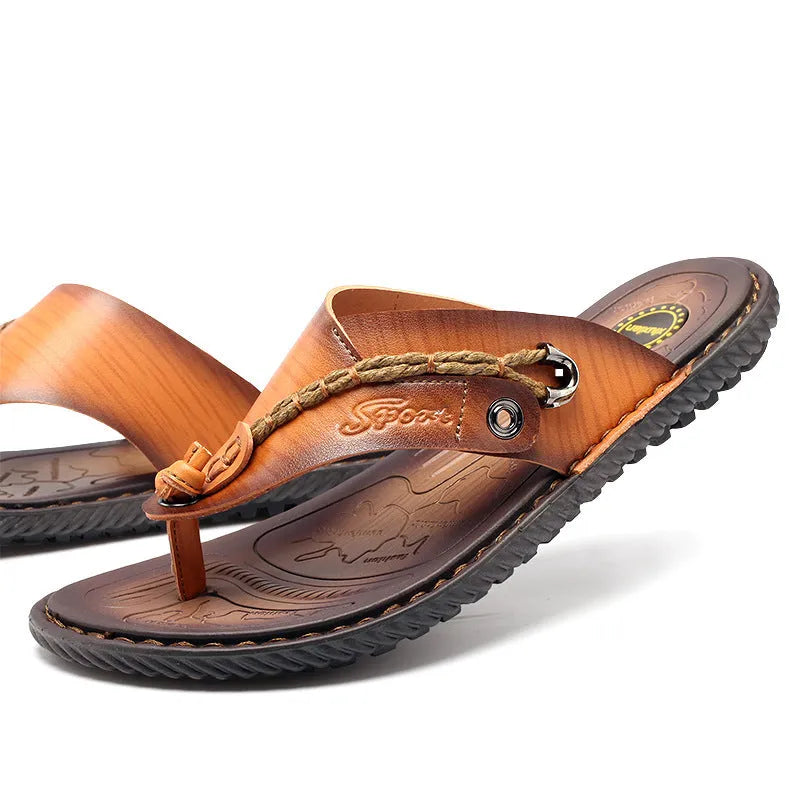 Men's non-slip lightweight slippers in PU leather, shown in black, blue, khaki, and light brown colours.