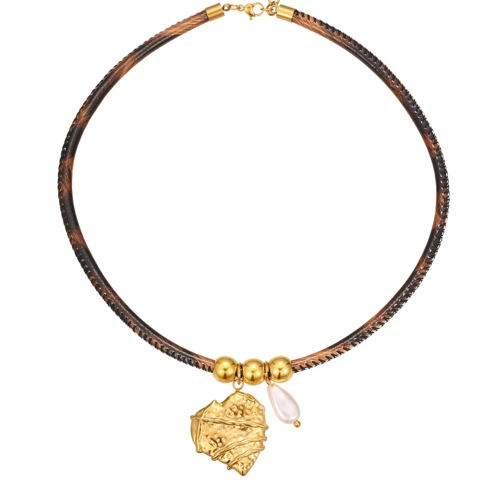 Women's stainless steel necklace with geometric leopard leather pendant on gold chain
