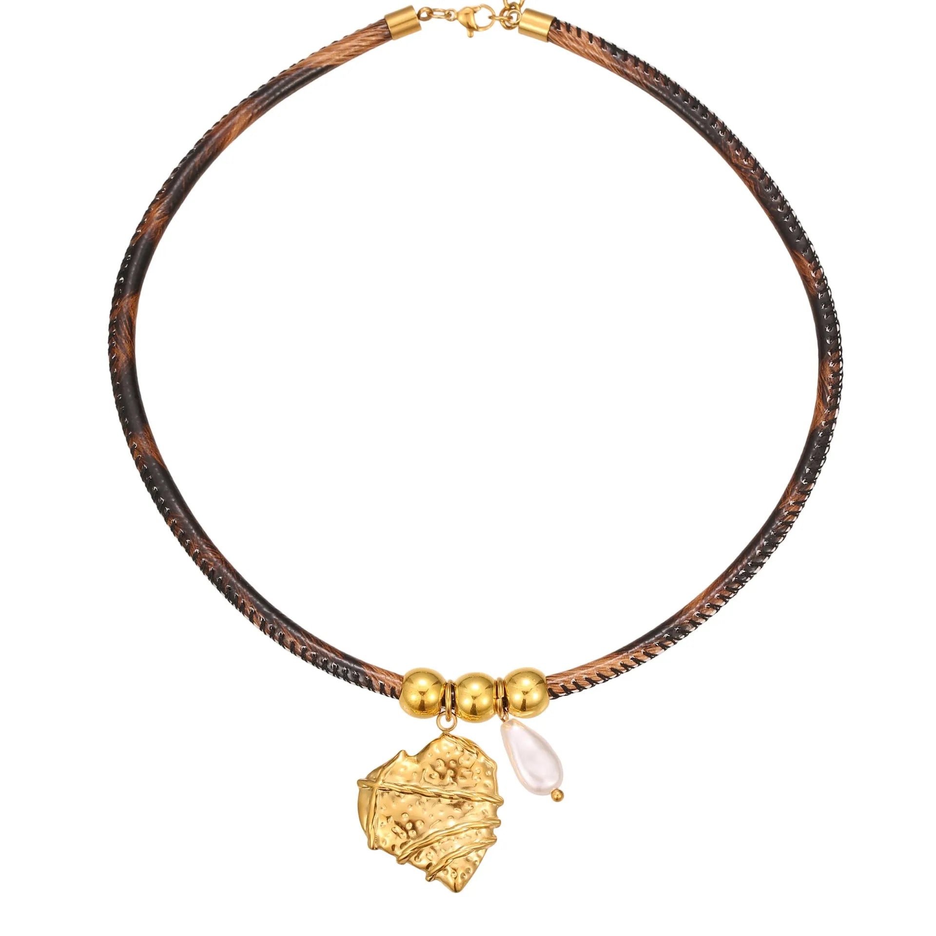 Women's stainless steel necklace with geometric leopard leather pendant on gold chain