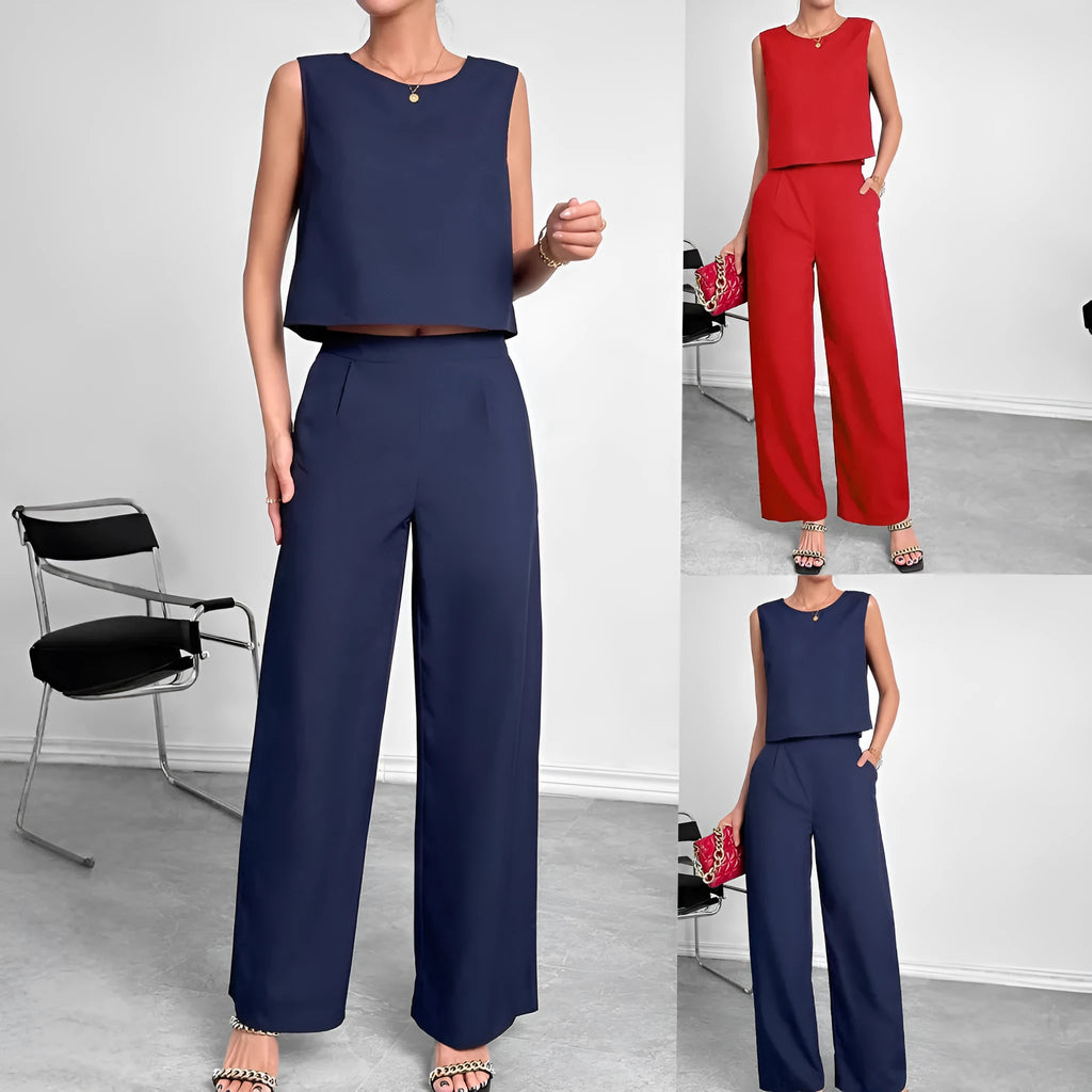 Women's red sleeveless top and wide-leg trousers two-piece set showing front view