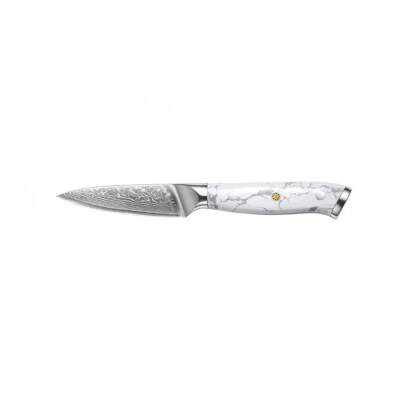 Damascus pattern chef's knife with 21cm VG10 steel blade and dark handle on a wooden surface.