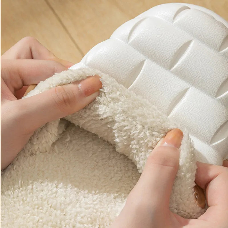 Women's EVA plush house slippers with detachable sleeves in pink, showing slip-on and overshoe wearing modes
