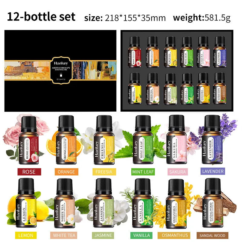 Boxed water-soluble aromatherapy essential oil set with multiple fragrance bottles