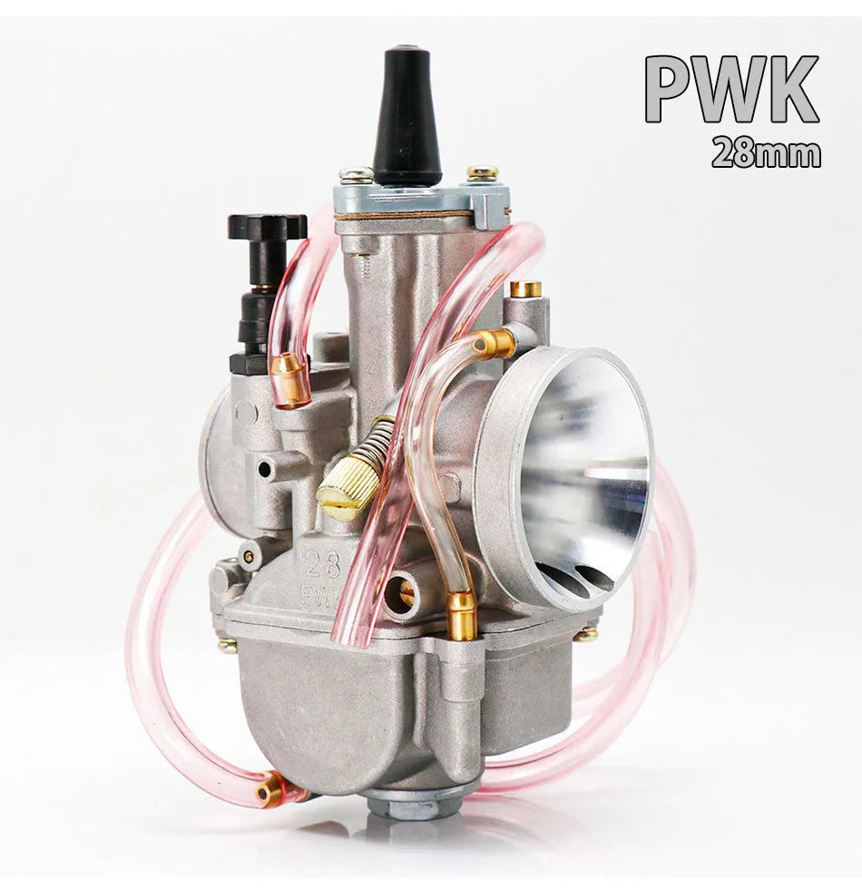 Sandblasted PWK motorcycle carburetor for performance modification, showing bore size options.