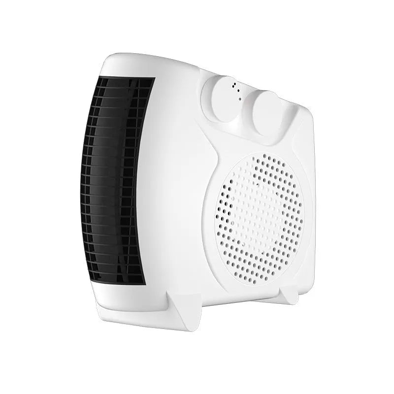 Small white ceramic desktop electric heater with control dial, shown on a wooden desk.