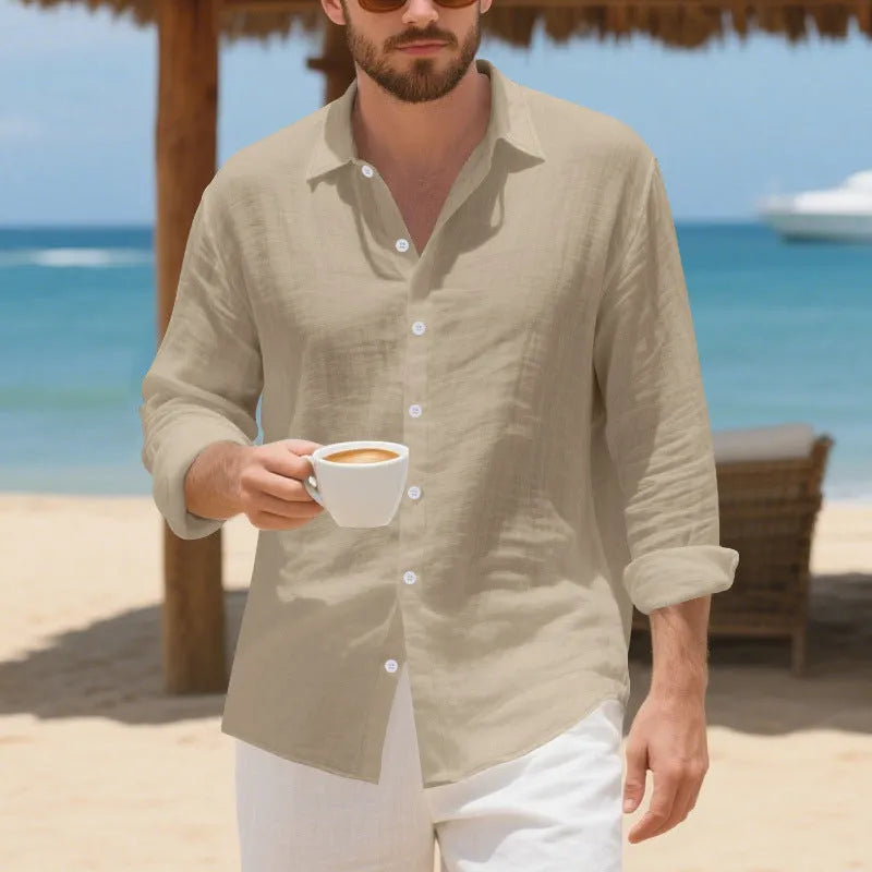 Linen Hawaiian casual shirt in American loose fit style with non-ironing feature