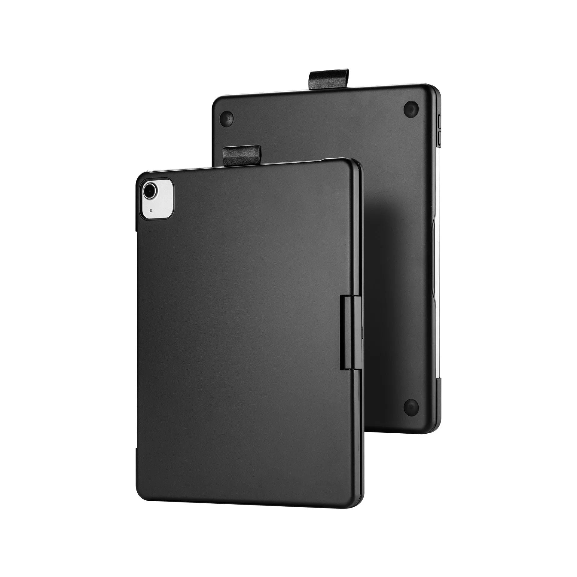 Miaocontrol silver rotating Bluetooth keyboard attached to an Apple iPad Pro tablet showing 360-degree hinge.