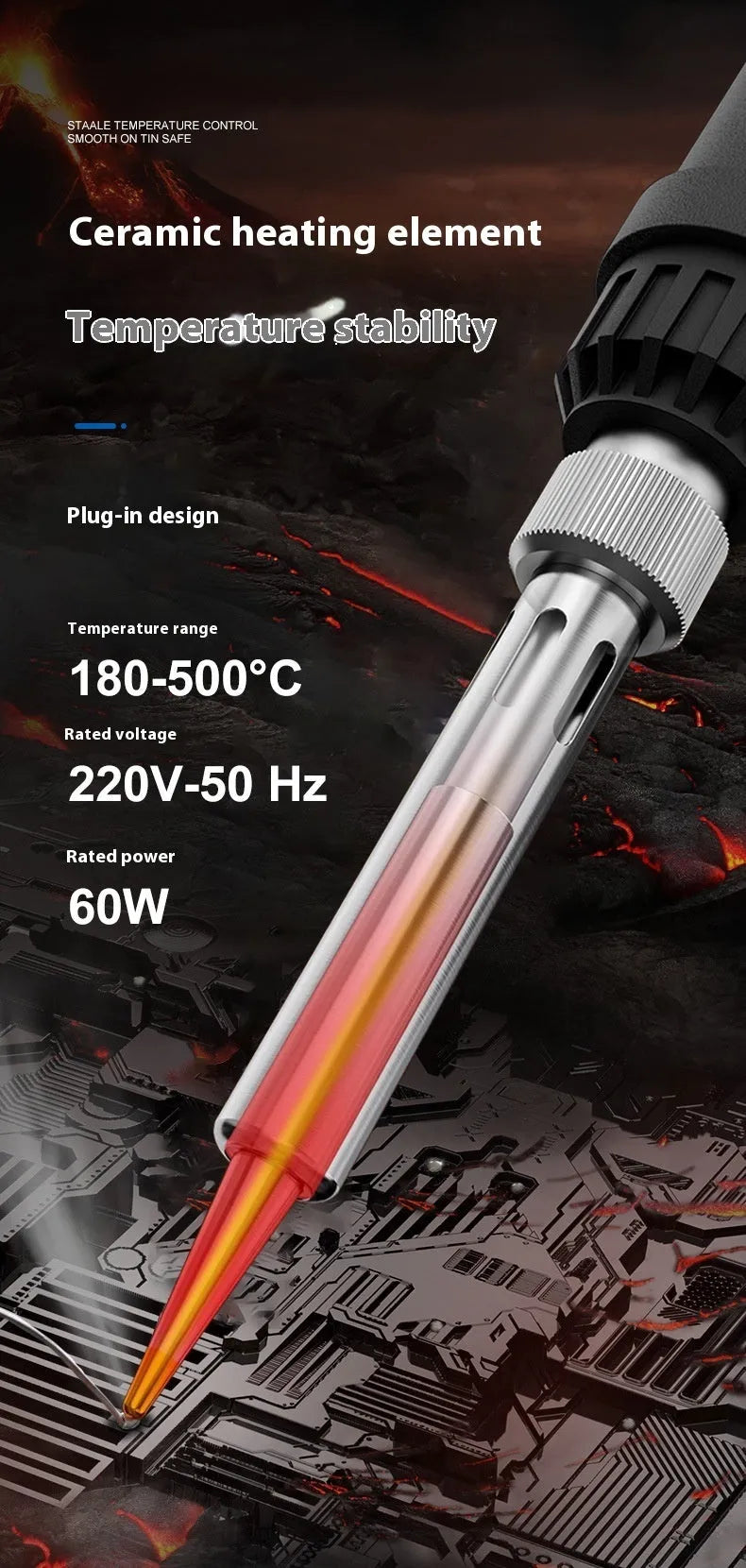 Grey 90W electric soldering iron with temperature control display and included accessories