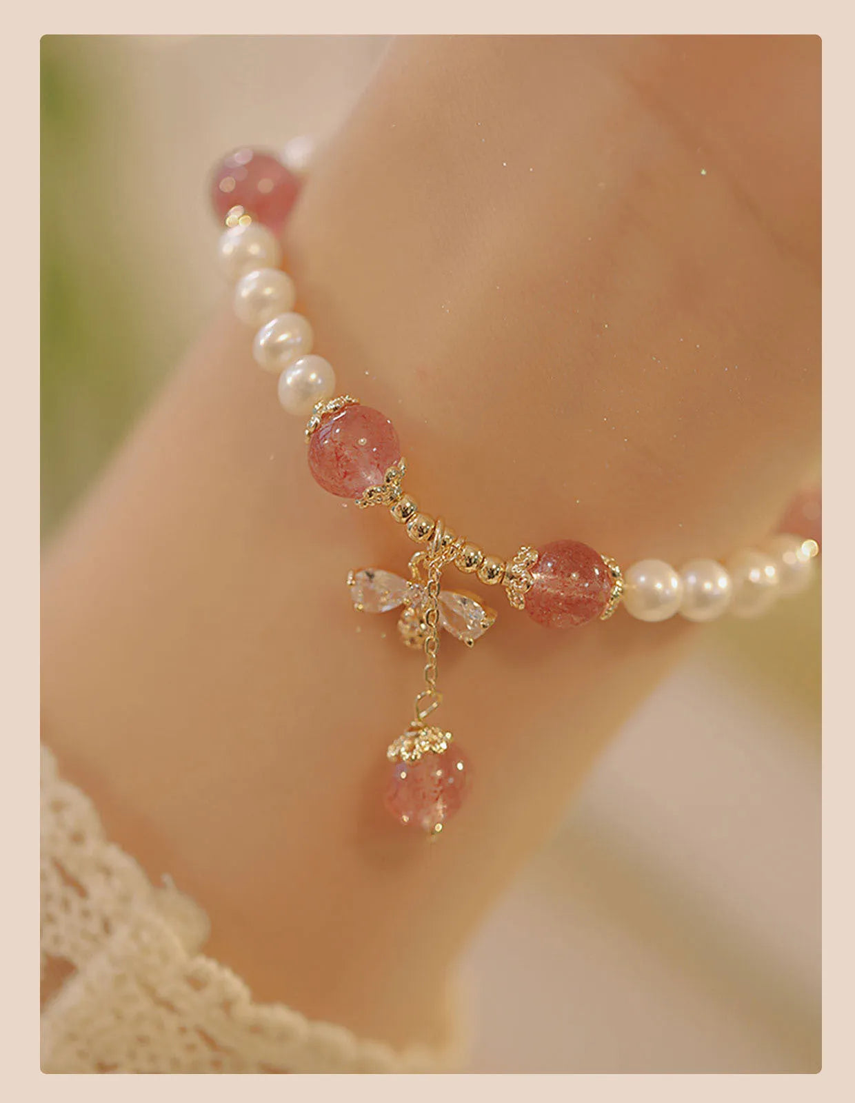Women's Strawberry Quartz crystal bracelet with hand-stringed pearls and bow decoration in INS summer style
