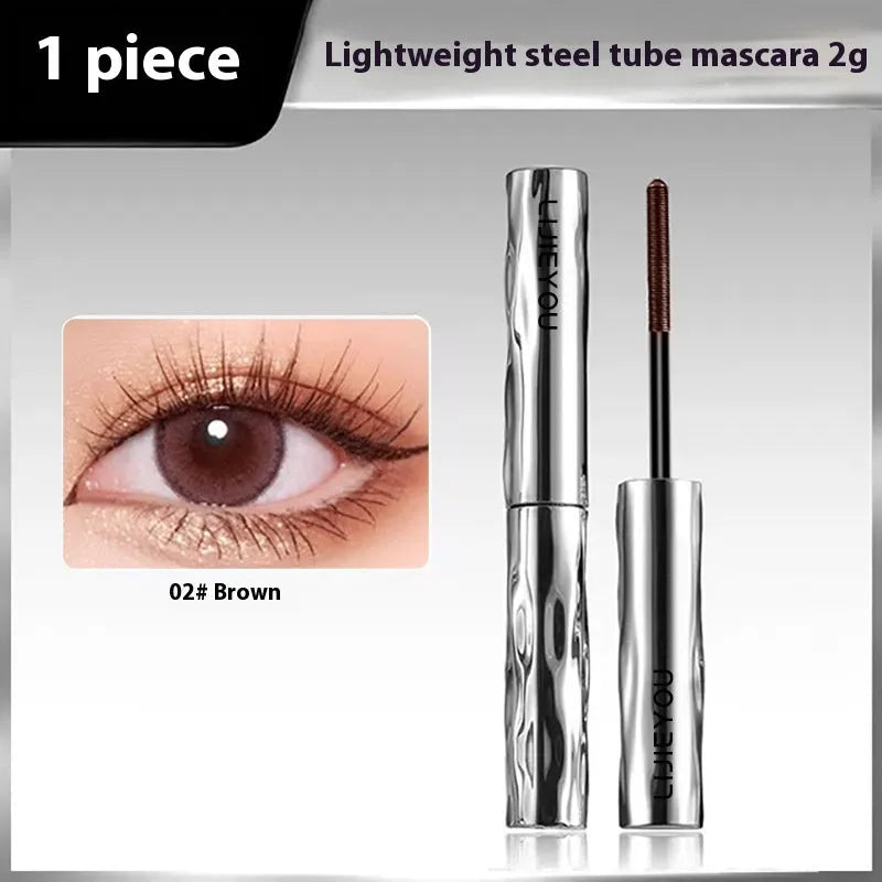 Waterproof mascara in steel tube with black and brown colour options and optional eyelash curler