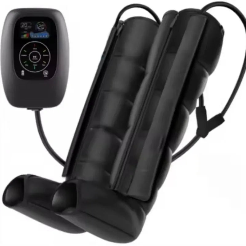 Air wave pressure massager unit with leg attachment, arm attachment, waist attachment, and handheld remote control.