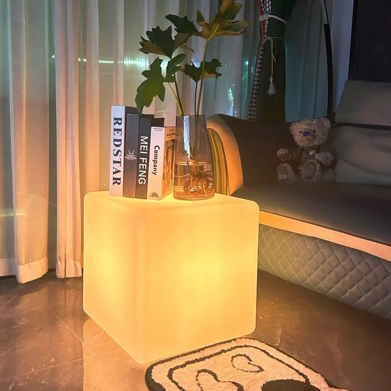 Modern square LED cube light for outdoor garden and patio use with waterproof IP65 rating.