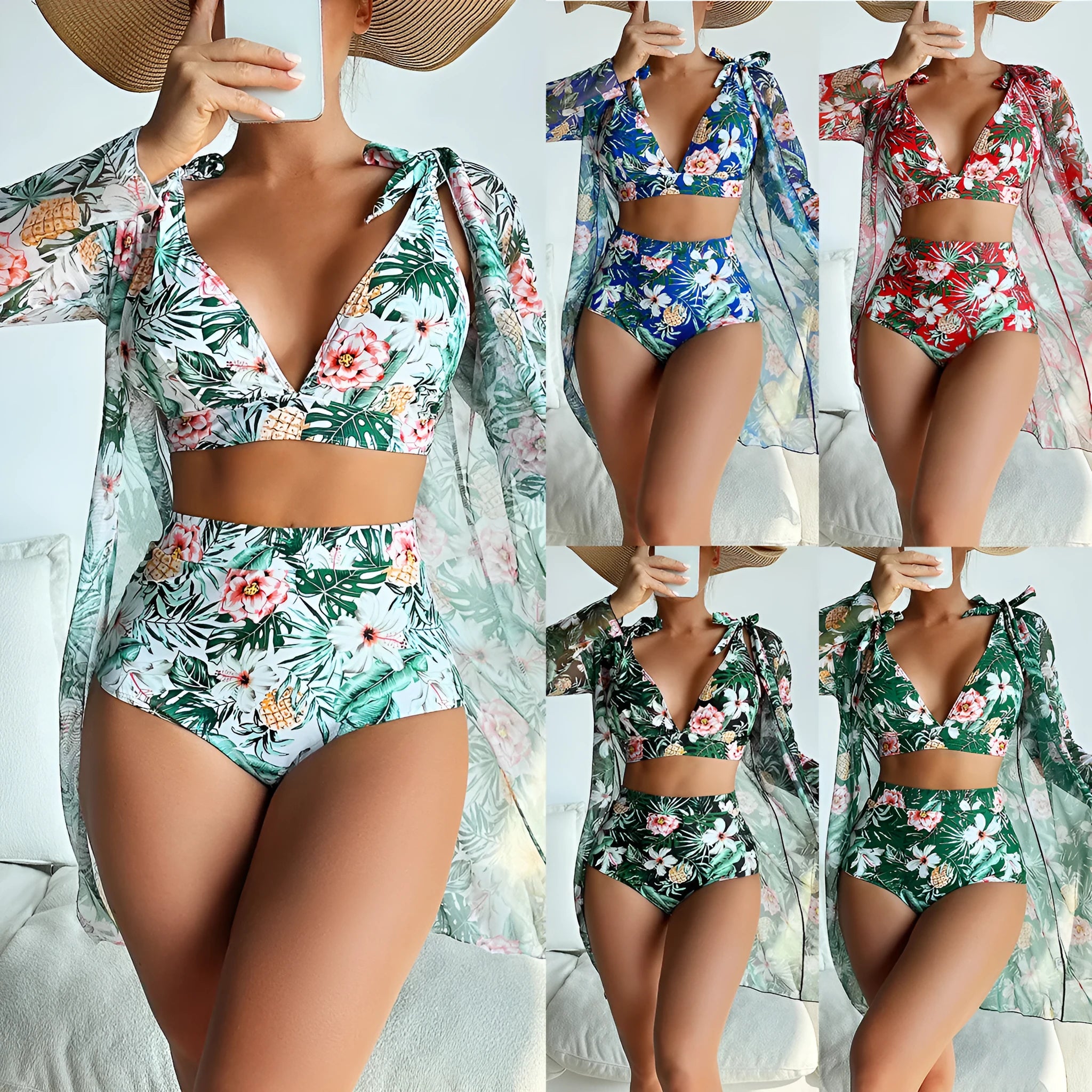 Women's multicolour printed bikini three-piece swimsuit set showing bra, shorts, and sun protection shirt