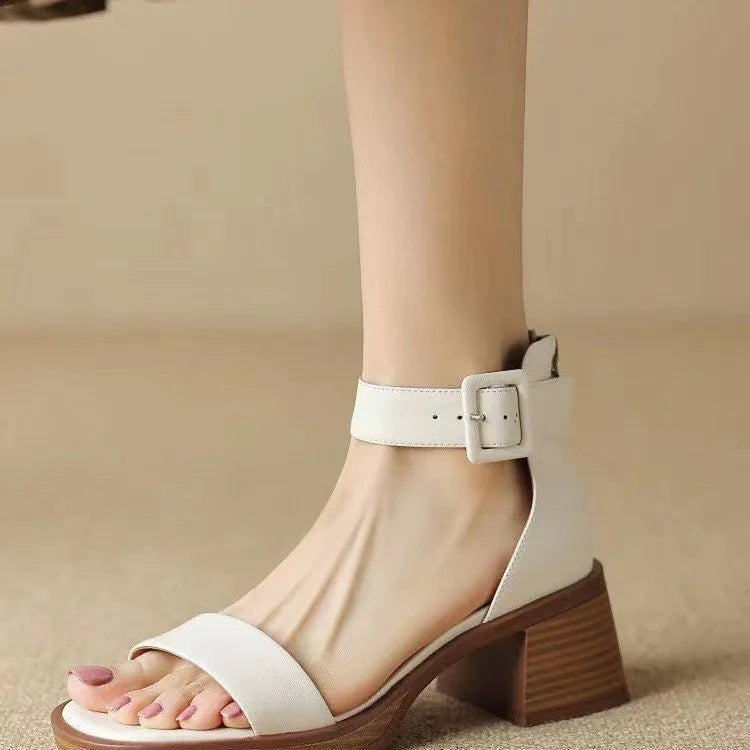 Women's retro ankle-strap platform high heels in white or khaki with round toe