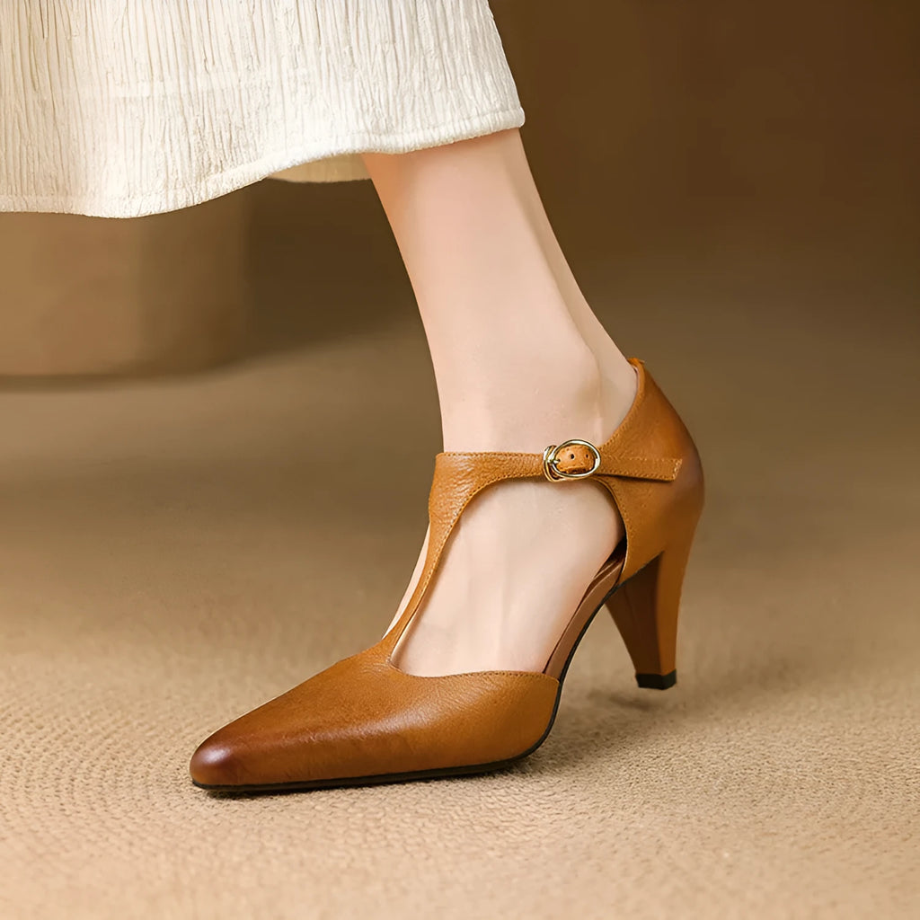 Brown retro women's sandals with a T-strap buckle, closed round toe, and a stout high heel.