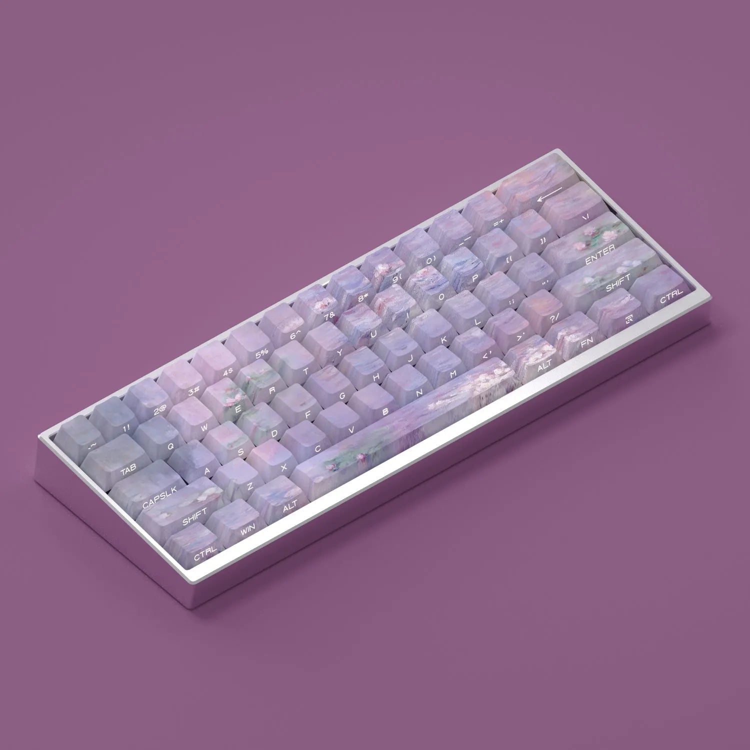 Water lily themed PBT keycap set with side-carved transparent characters for mechanical keyboards