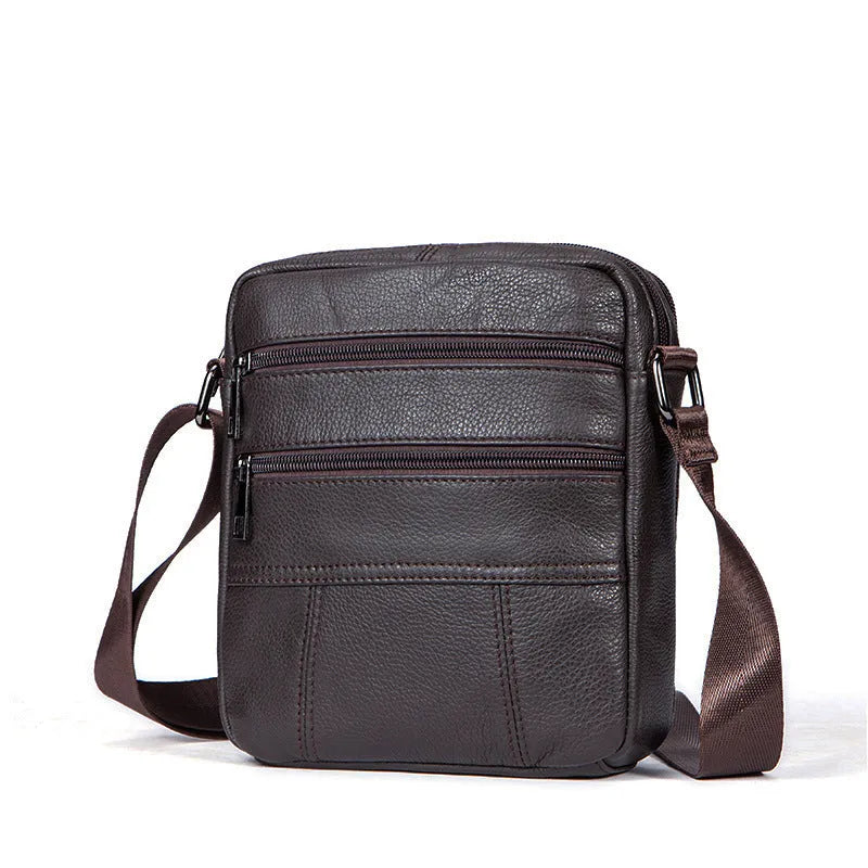 Men's vintage cowhide leather shoulder bag in vertical square design with zipper opening and soft handle