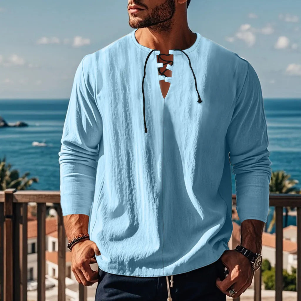 Men's solid colour cotton linen blend beach shirt in loose pullover style shown in army green