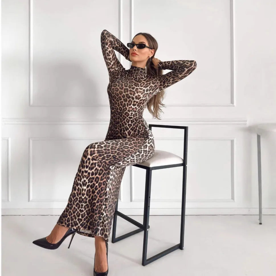 Women's leopard print long dress with a stand collar and long sleeves, showcasing a high waist and hip skirt silhouette.