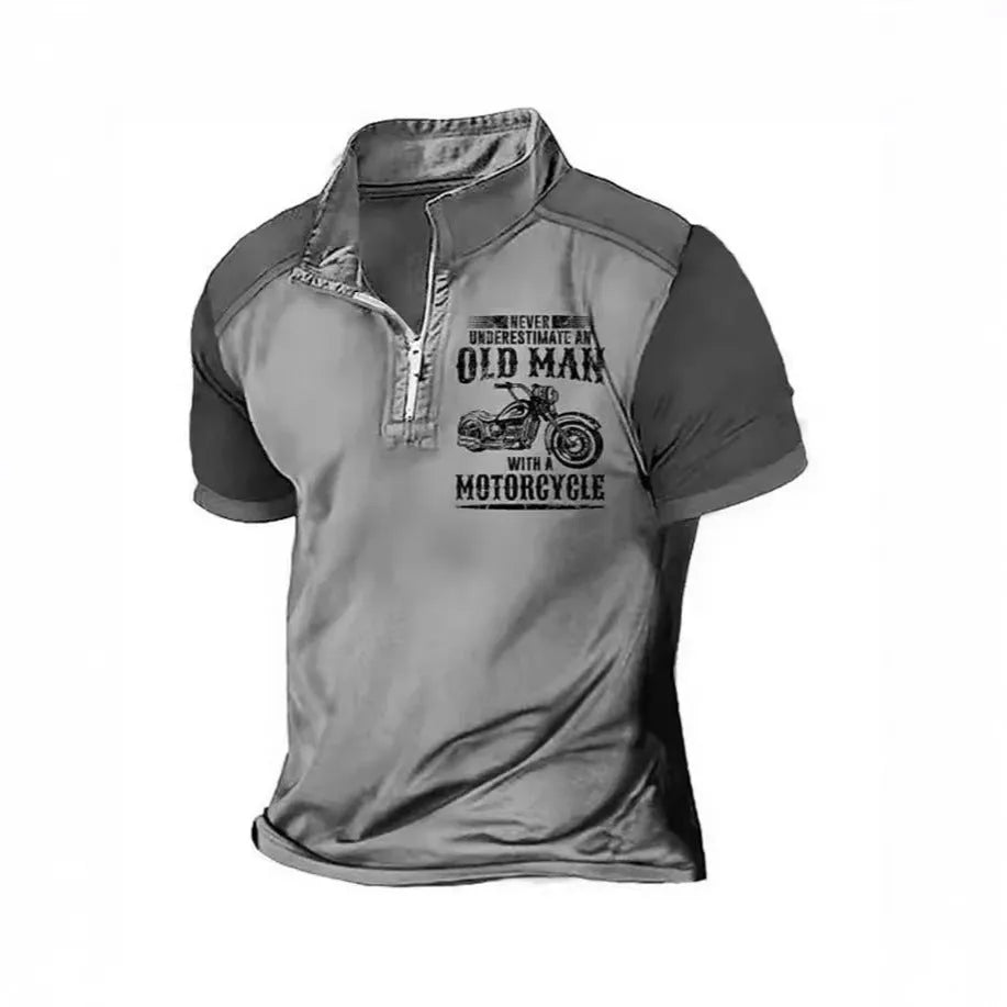 Men's grey casual polo shirt with a lapel collar and large white digital letter print on the front.