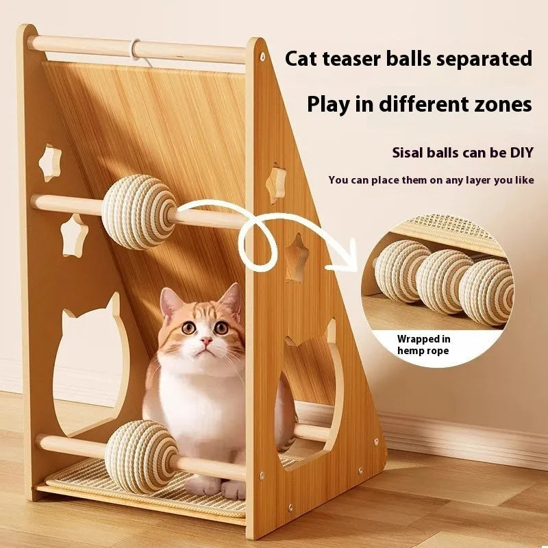 Vertical wall-mounted cat scratch board with sisal surface and cat teasing ball design