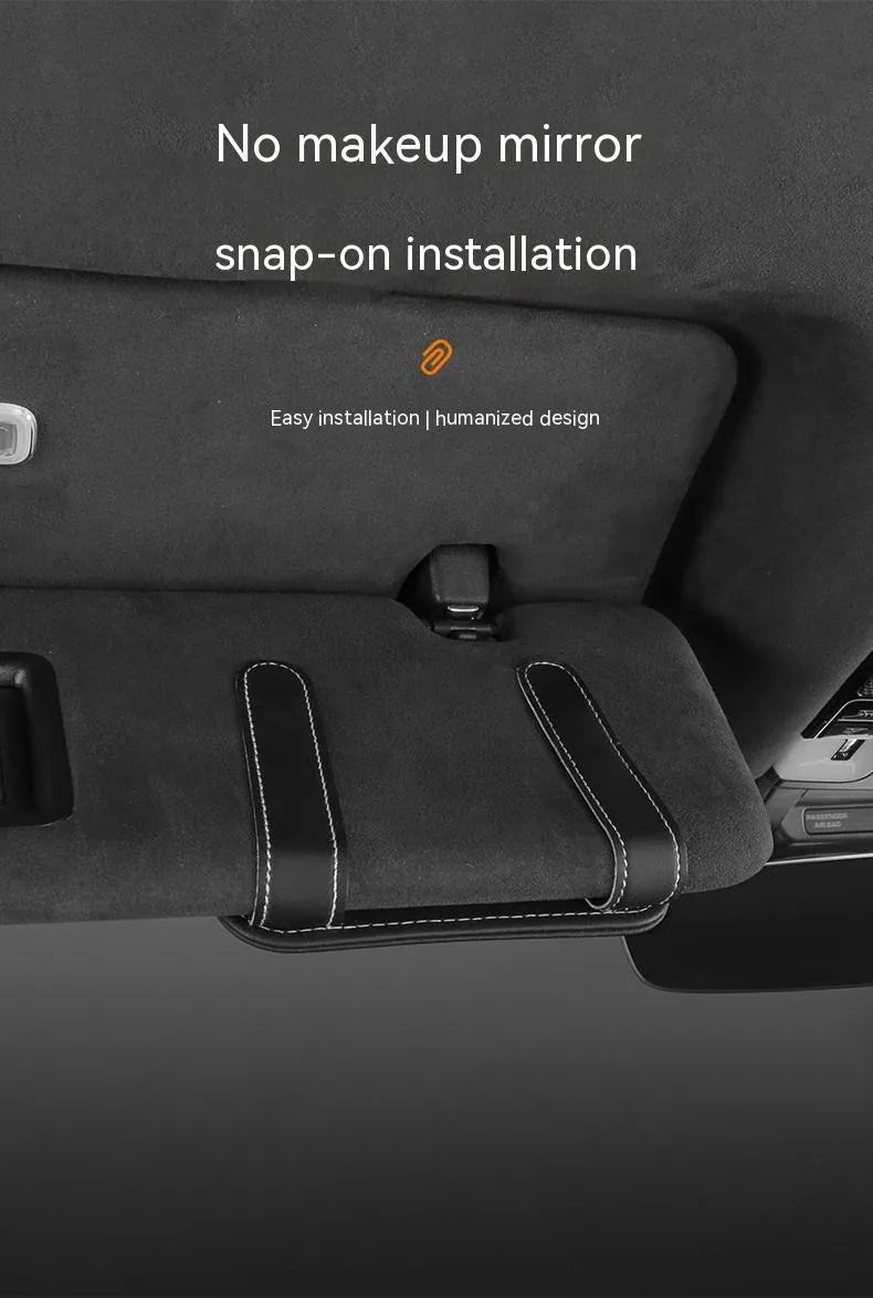 Leather car sun visor card holder with sunglasses clip in snap-on design available in multiple colours.