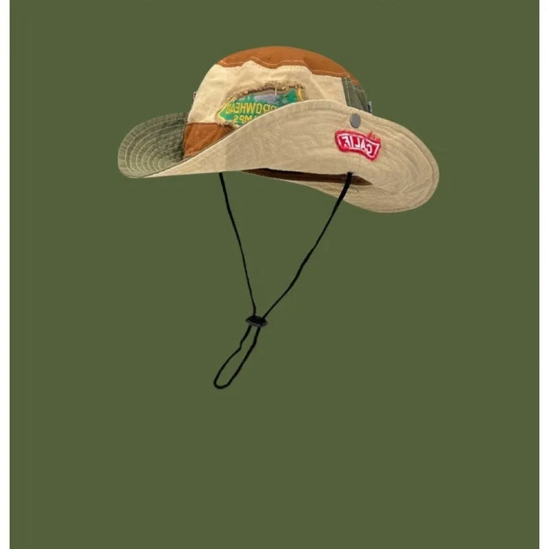 Army green cotton fisherman hat with patchwork detailing and flat top crown