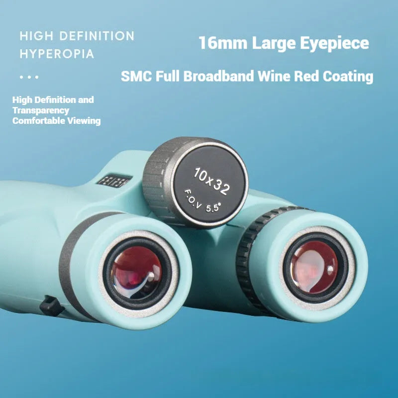 Blue and grey 10x32 binoculars with wine red film lenses on a dark background.