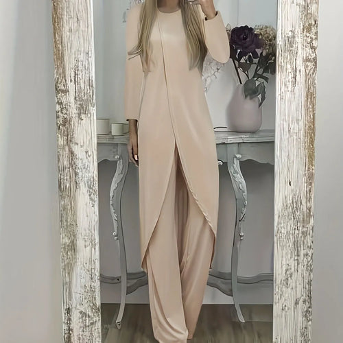 Casual black long sleeve round neck top and loose trousers two-piece lounge wear set.
