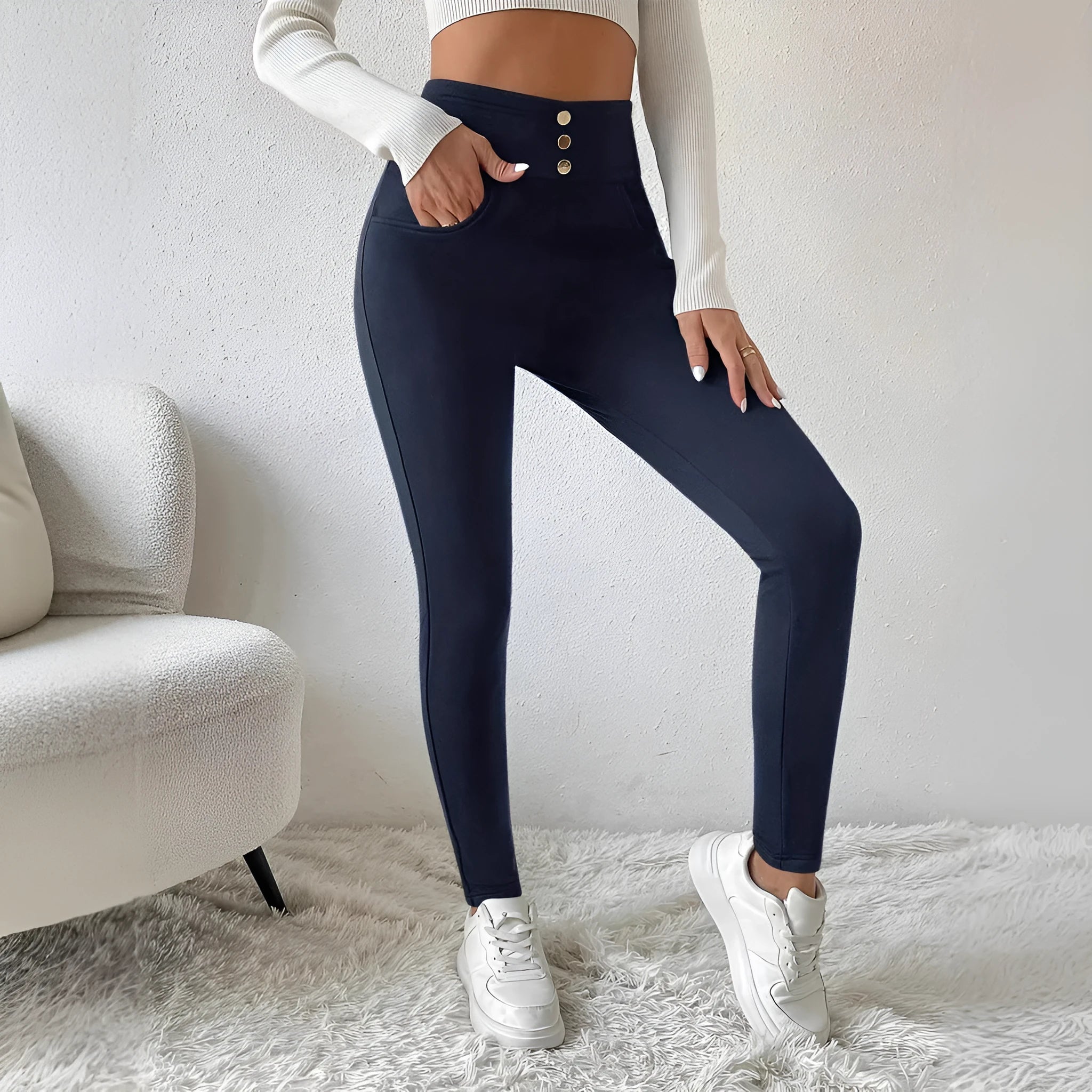 Women's navy blue polyester trousers with high waist slim fit and straight leg cut