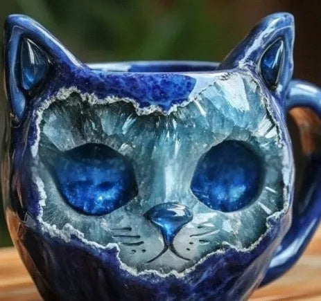 Purple geode crystal and cat decorative resin mug on a shelf.