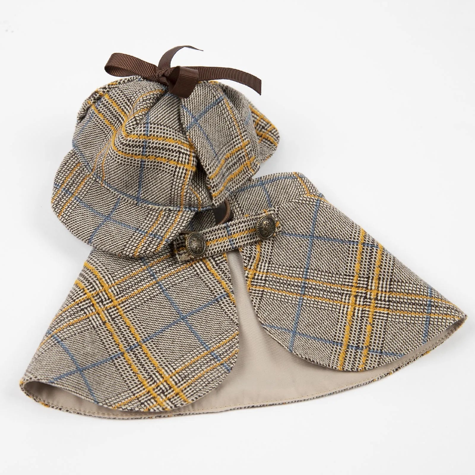 Camel-coloured detective suit style cotton cloak for pets with an adjustable hat.