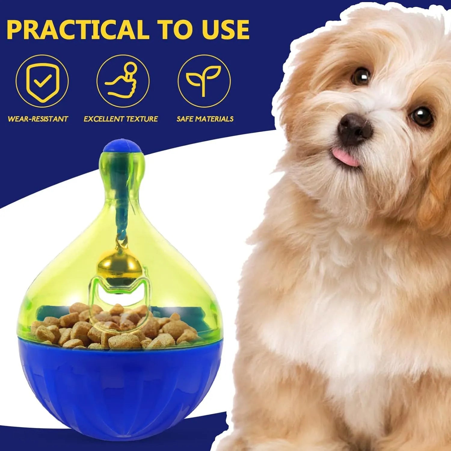 L-size interactive pet treat dispenser ball for dogs and cats, showing tumbler design with treat openings.