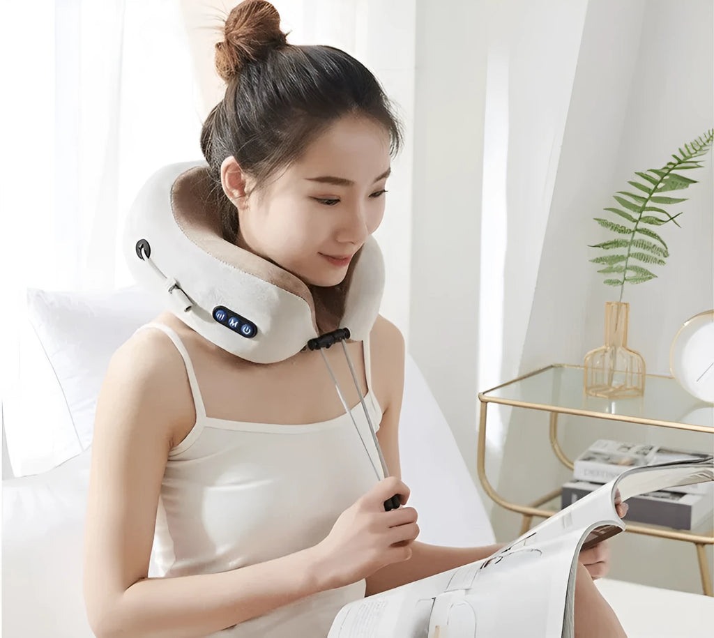 Brown U-shaped electric neck massage pillow with heating function