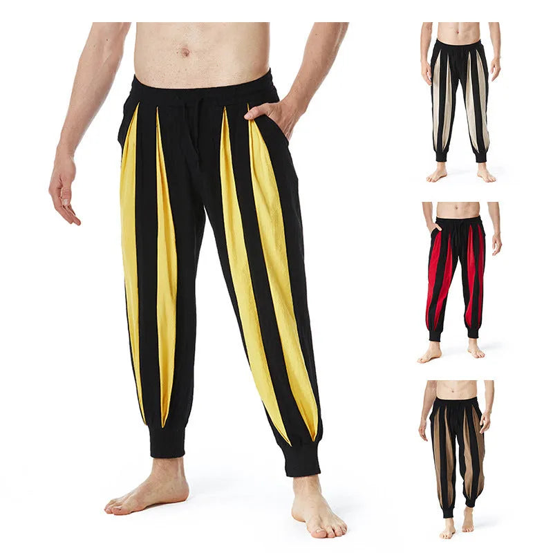 Men's straight leg casual trousers in red, khaki, yellow, or brown, made from polyester fabric.