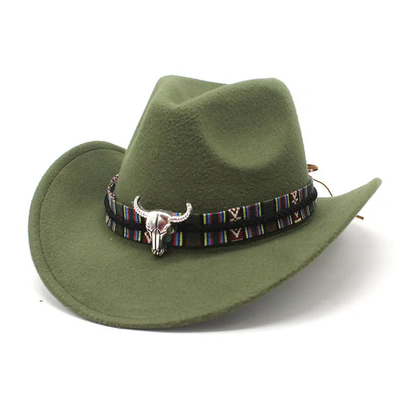 Western cowboy hat with bell crown in polyester fabric, shown in multiple colour options including army green, black and wine red